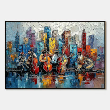 URBAN SERENADE: Textured Palette Knife Painting of Jazz Musicians and Cityscape | hanging in living room, Abstract wall art
