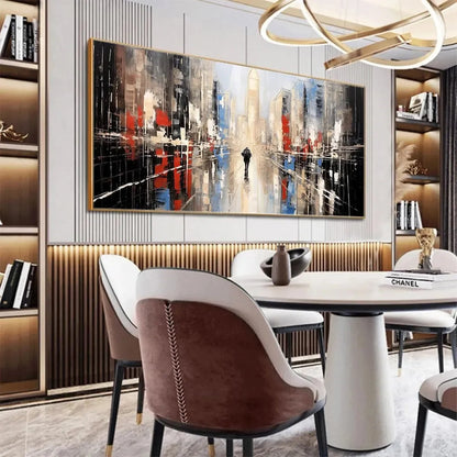 URBAN SOLITUDE: Minimalist Cityscape Painting | gold frame stretched on neutral wall