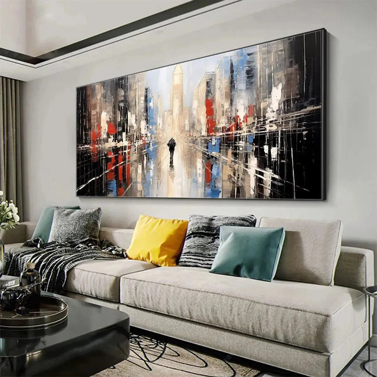 URBAN SOLITUDE: Minimalist Cityscape Painting | black frame version on white wall