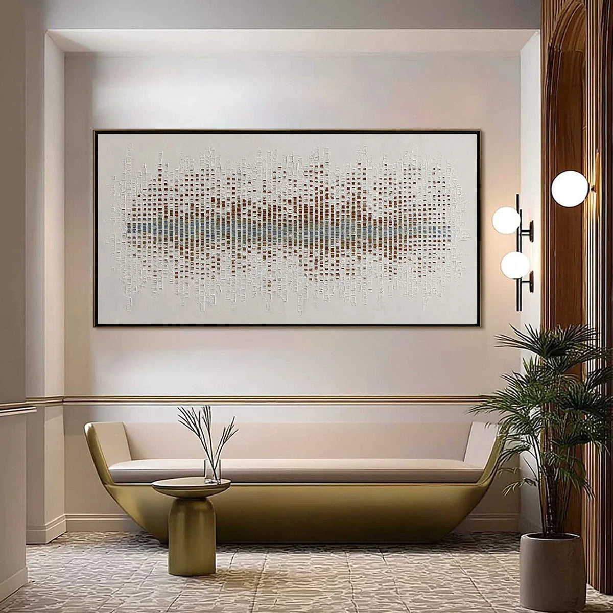 URBAN SONATA: Large Textured Minimalist Abstract Painting | gold frame stretched on neutral wall