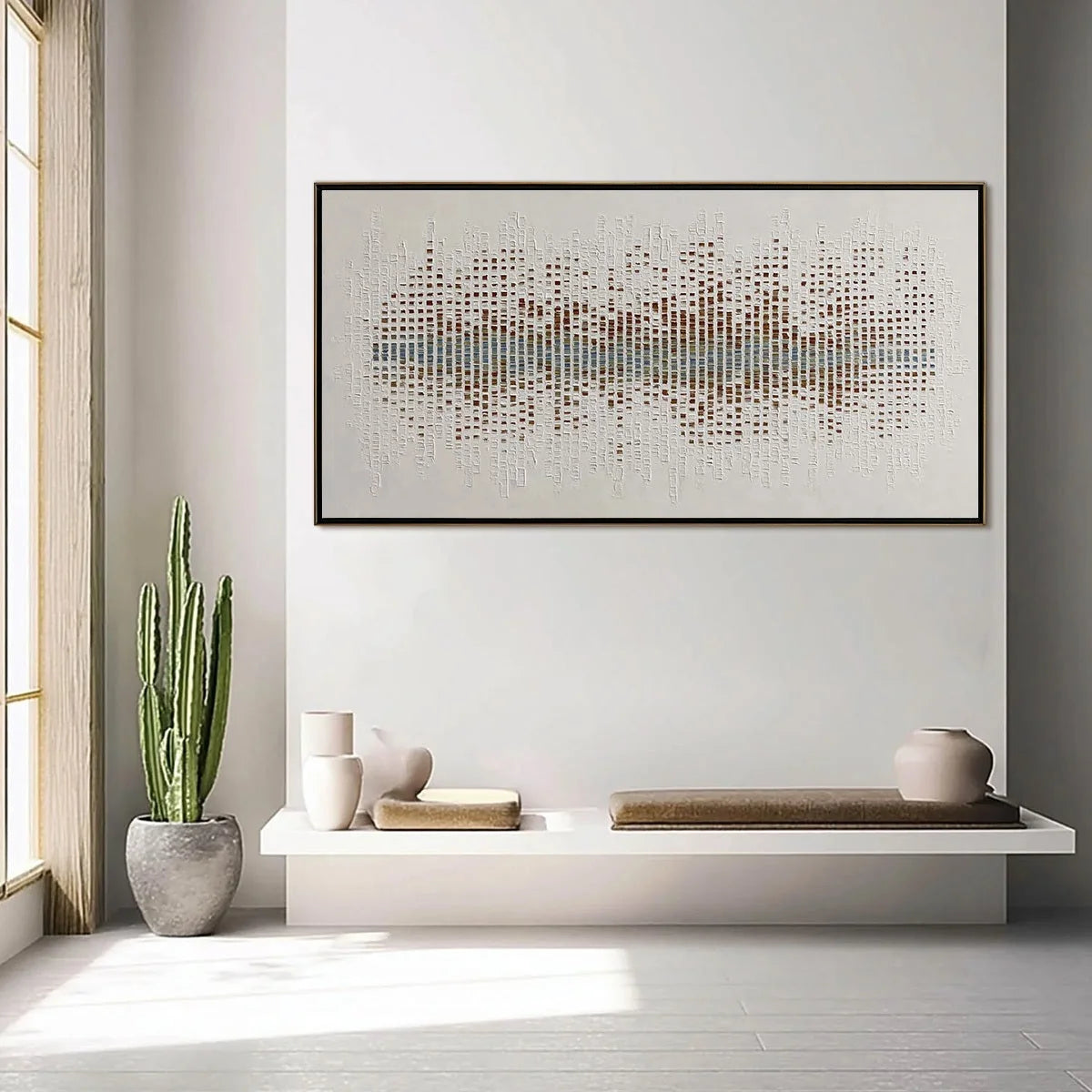 URBAN SONATA: Large Textured Minimalist Abstract Painting | black frame version on white wall