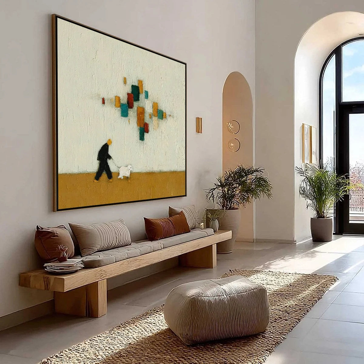 URBAN STROLL: Textured Figurative Abstract Painting of a Walk with a Companion | gold frame stretched on neutral wall
