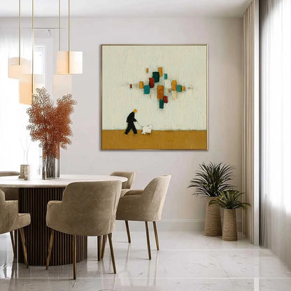 URBAN STROLL: Textured Figurative Abstract Painting of a Walk with a Companion | black frame version on white wall