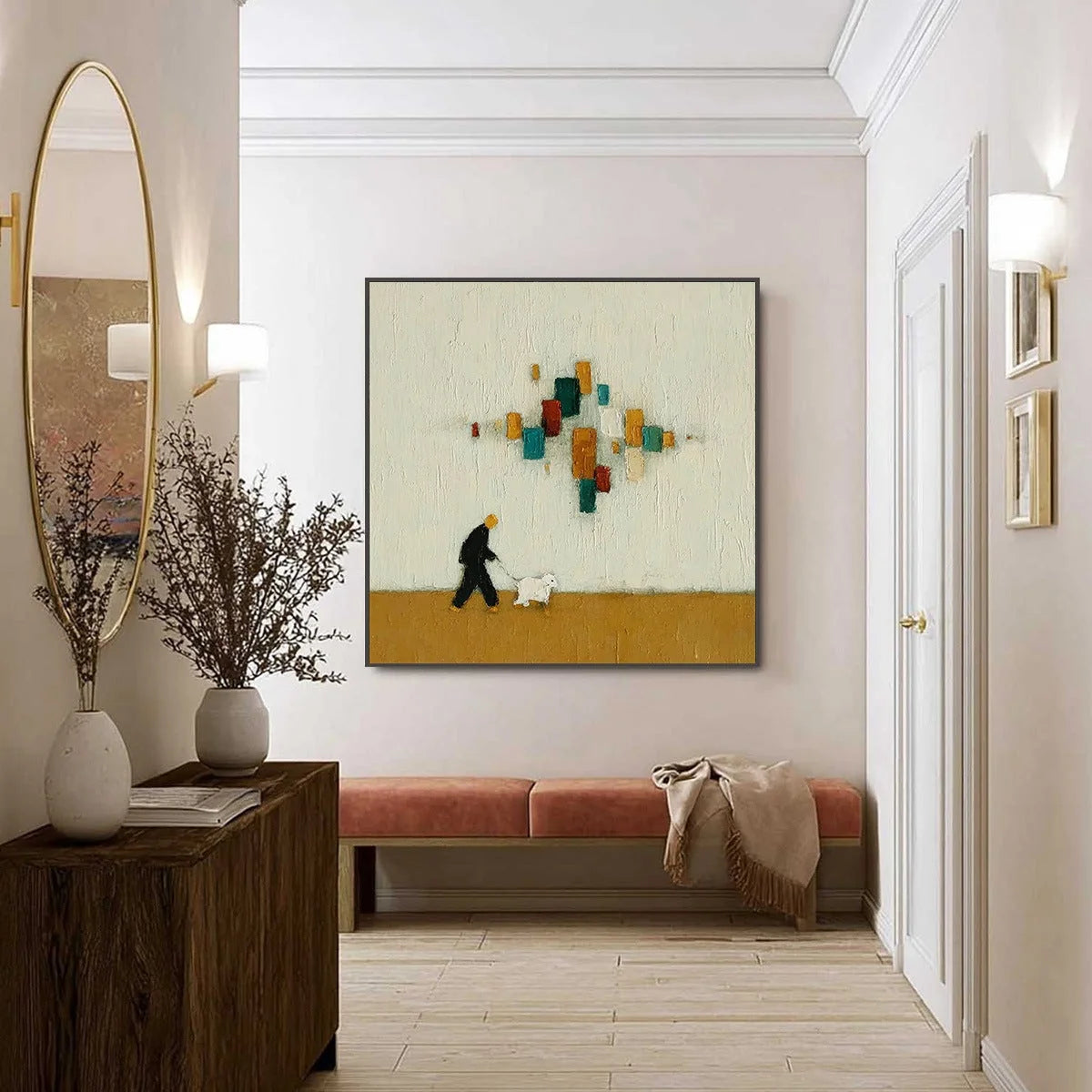 URBAN STROLL: Textured Figurative Abstract Painting of a Walk with a Companion | Figurative mood, soft natural light studio shot