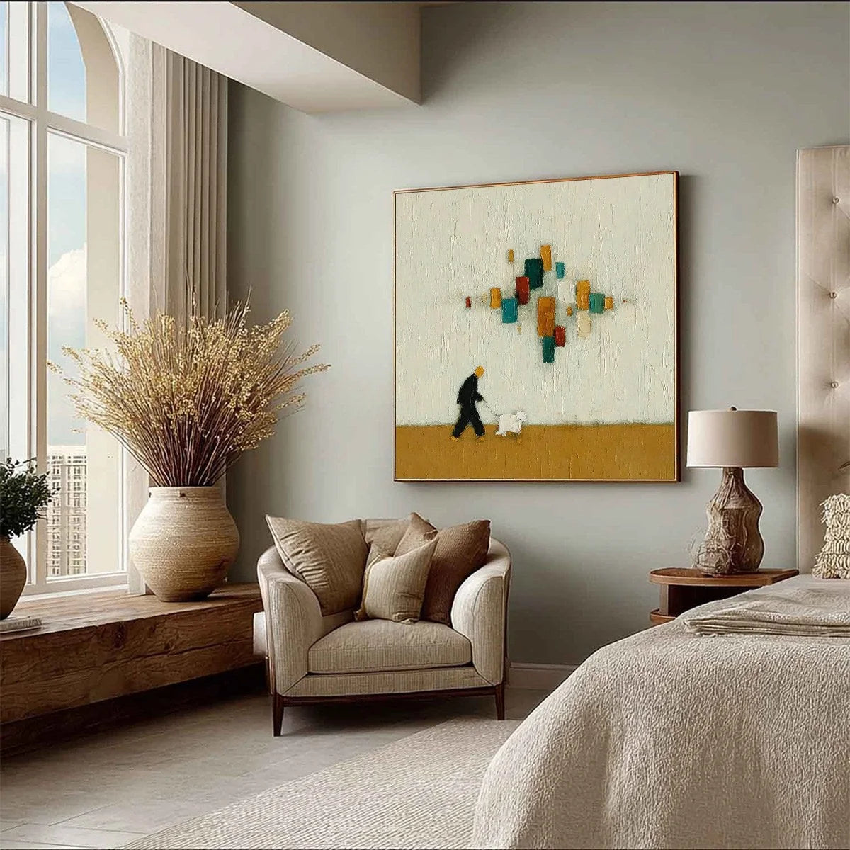 URBAN STROLL: Textured Figurative Abstract Painting of a Walk with a Companion | multi-color palette, original oil on stretched canvas art
