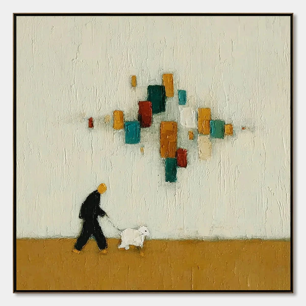 URBAN STROLL: Textured Figurative Abstract Painting of a Walk with a Companion | hanging in living room, Figurative wall art