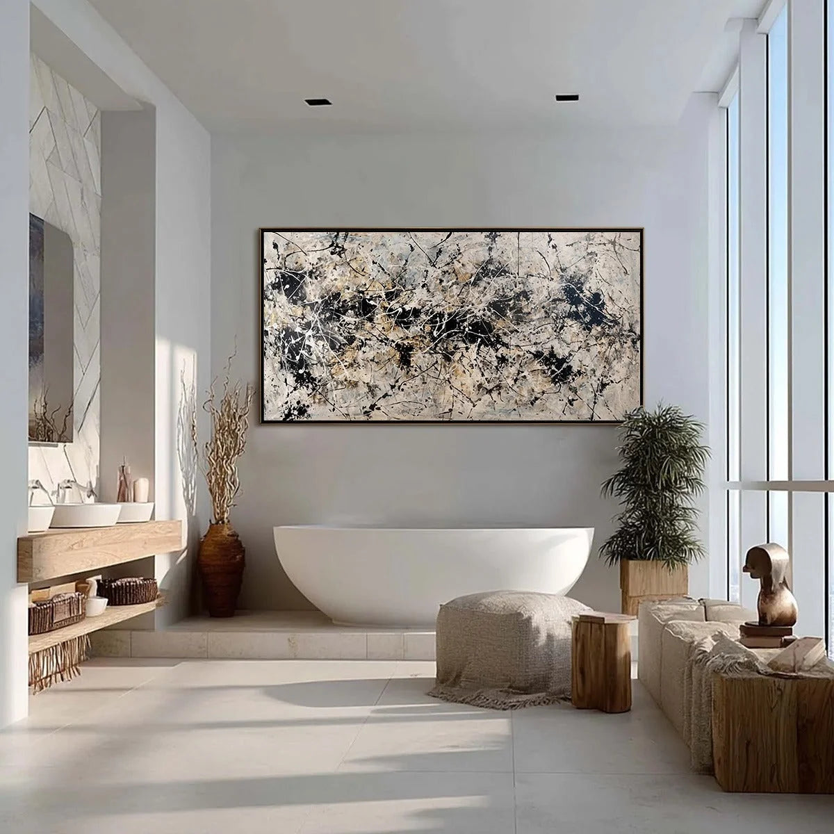 URBAN SYMPHONY: Large Black and White Abstract Textured Painting | gold frame stretched on neutral wall