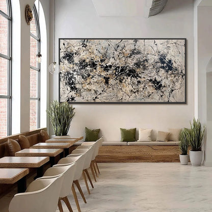 URBAN SYMPHONY: Large Black and White Abstract Textured Painting | black frame version on white wall