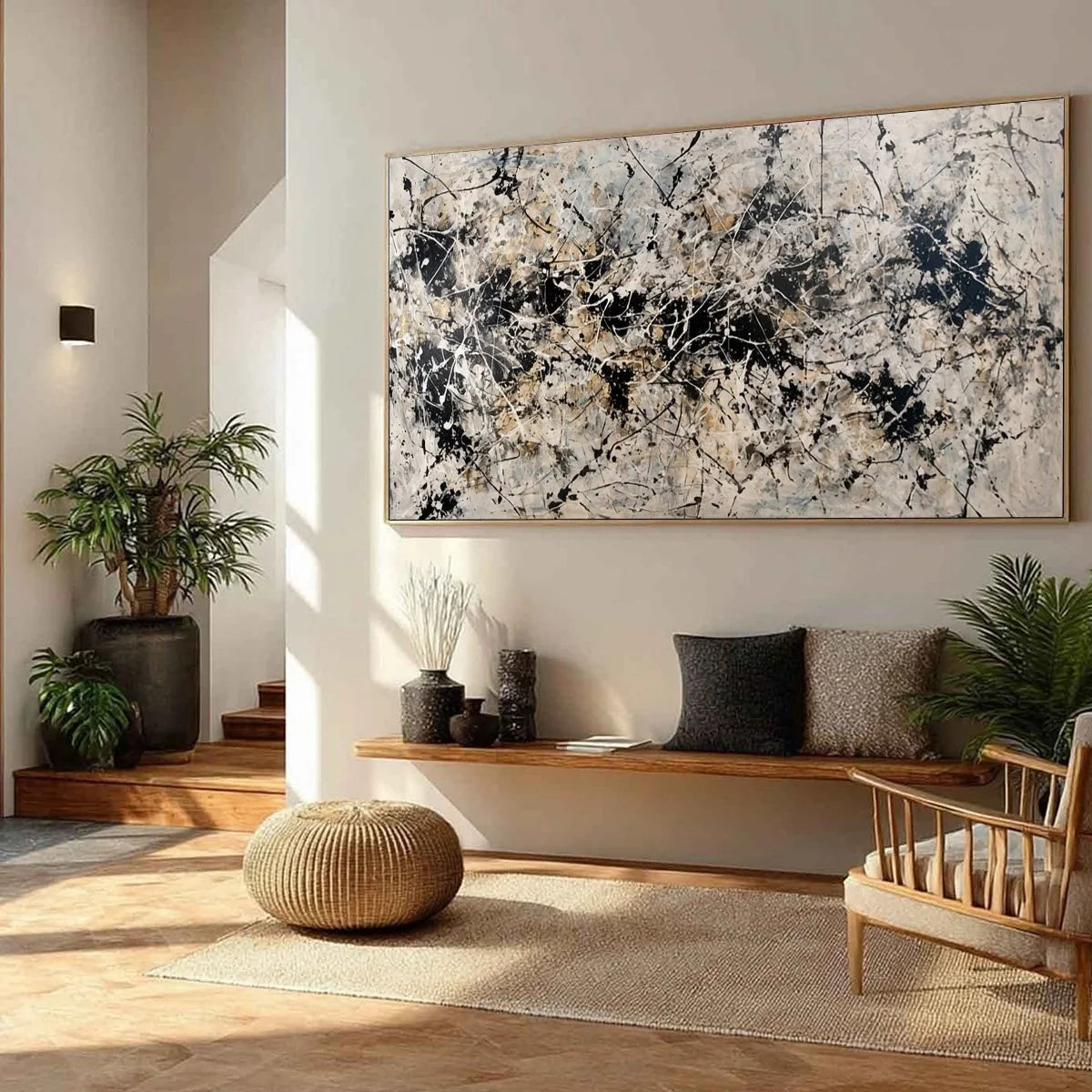 URBAN SYMPHONY: Large Black and White Abstract Textured Painting | beige palette, original oil on stretched canvas art