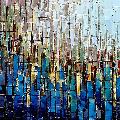 URBAN TWILIGHT: Heavily Textured Abstract Cityscape Oil Painting | rectangular format, hand-painted canvas edge