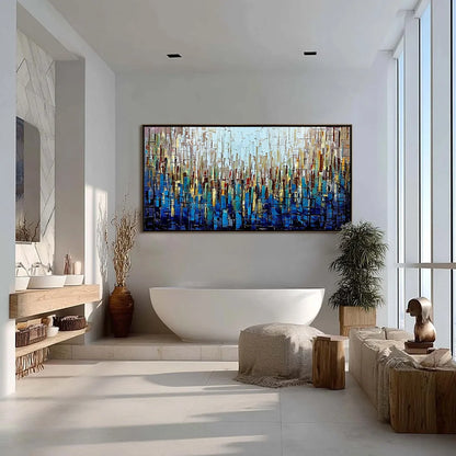 URBAN TWILIGHT: Heavily Textured Abstract Cityscape Oil Painting | gold frame stretched on neutral wall