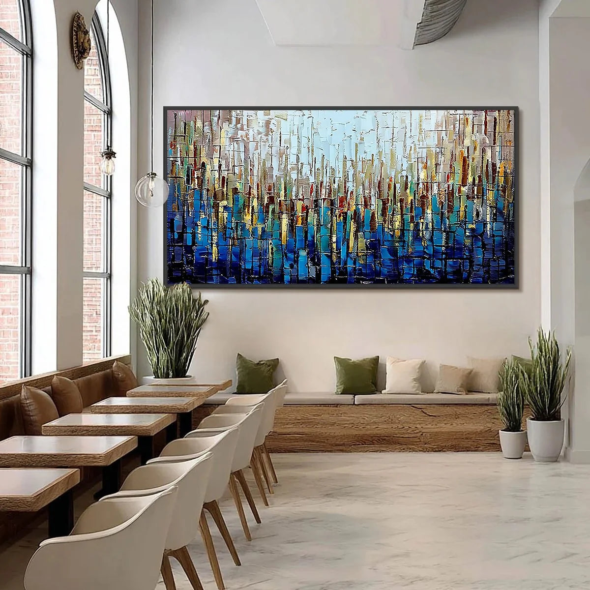 URBAN TWILIGHT: Heavily Textured Abstract Cityscape Oil Painting | black frame version on white wall
