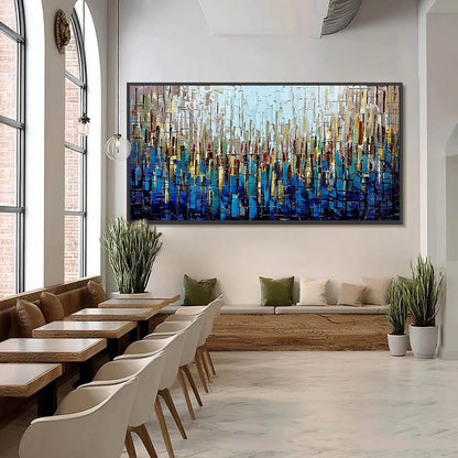 URBAN TWILIGHT: Heavily Textured Abstract Cityscape Oil Painting | black frame version on white wall