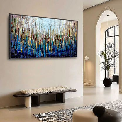 URBAN TWILIGHT: Heavily Textured Abstract Cityscape Oil Painting | Abstract mood, soft natural light studio shot