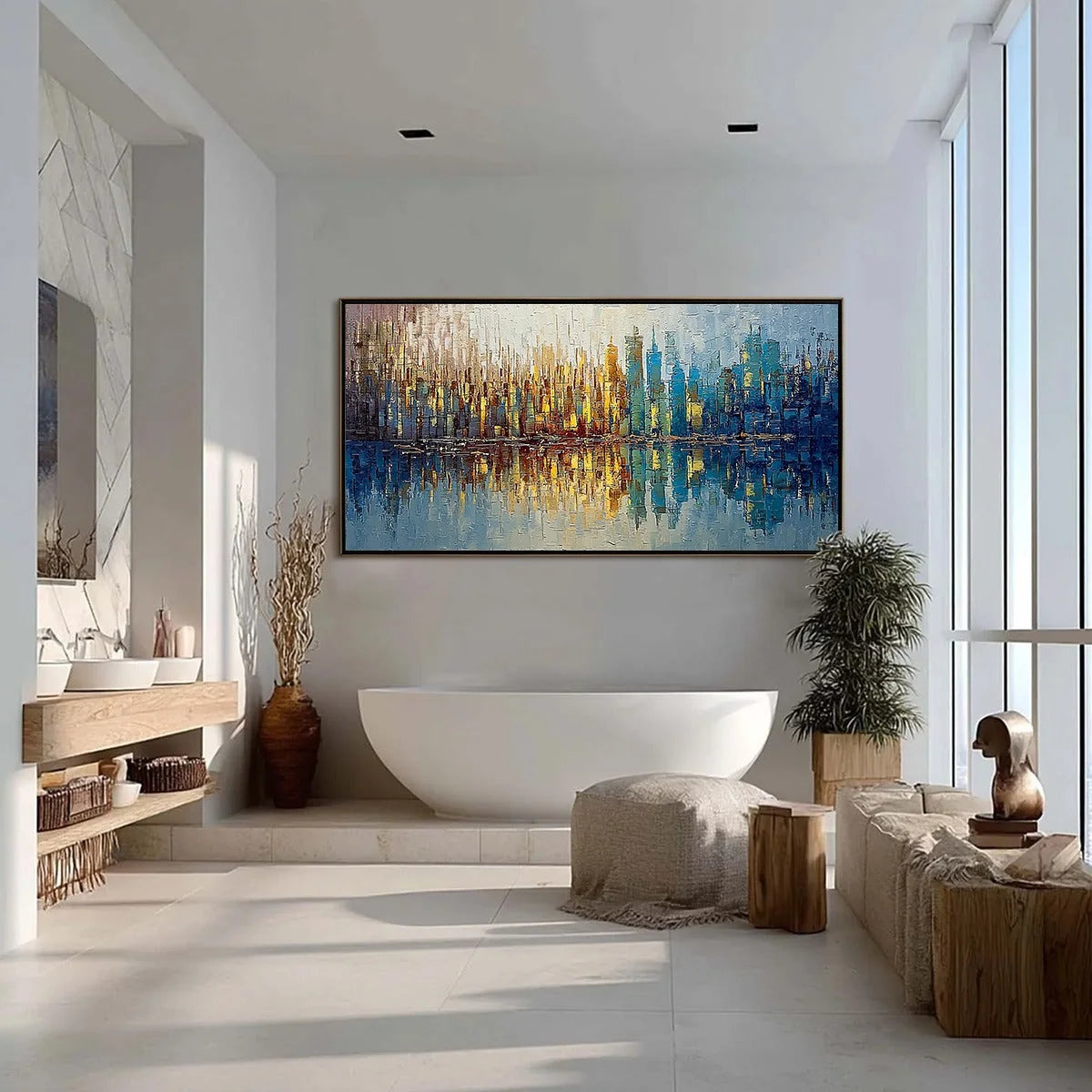 URBAN TWILIGHT: Textured Palette Knife Abstract Cityscape Painting | gold frame stretched on neutral wall