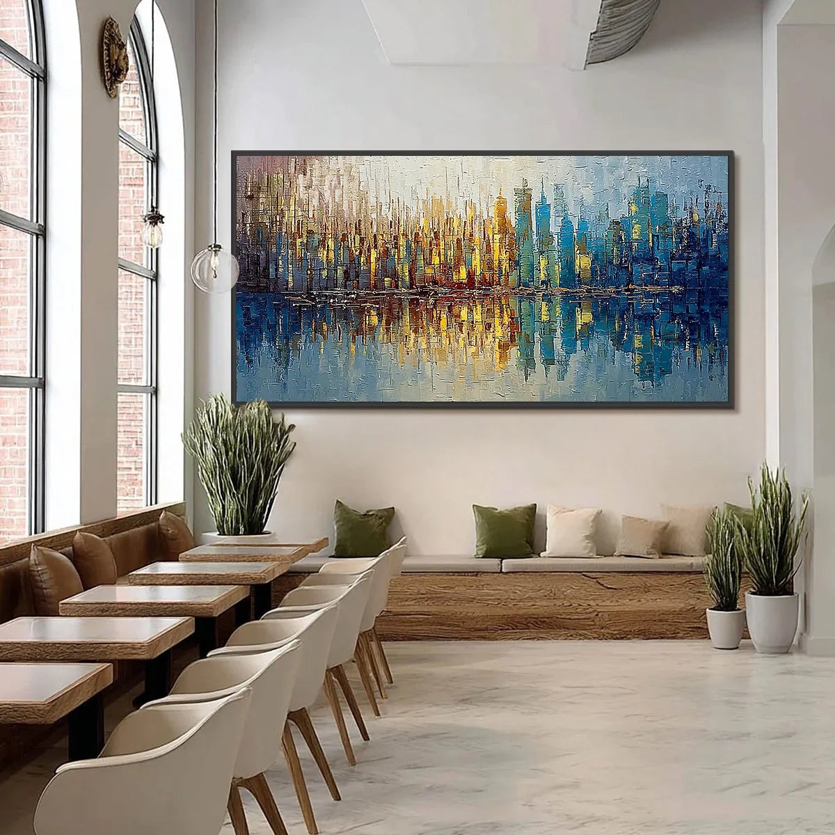 URBAN TWILIGHT: Textured Palette Knife Abstract Cityscape Painting | black frame version on white wall
