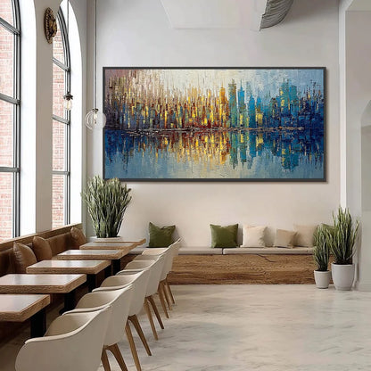 URBAN TWILIGHT: Textured Palette Knife Abstract Cityscape Painting | black frame version on white wall