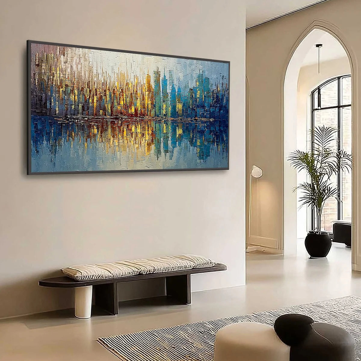 URBAN TWILIGHT: Textured Palette Knife Abstract Cityscape Painting | Abstract mood, soft natural light studio shot