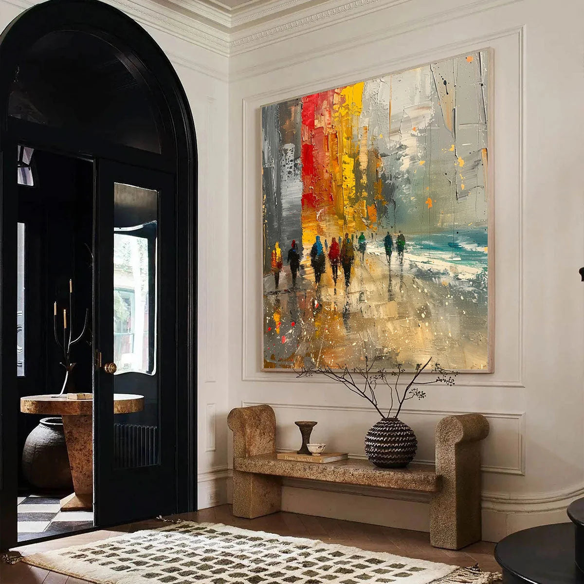 URBAN VIBRANCE: Textured Abstract Cityscape Oil Painting | gold frame stretched on neutral wall