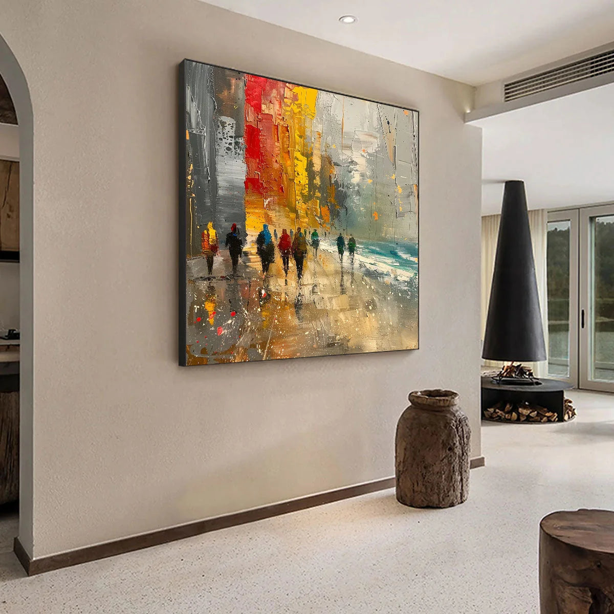 URBAN VIBRANCE: Textured Abstract Cityscape Oil Painting | black frame version on white wall