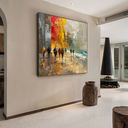 URBAN VIBRANCE: Textured Abstract Cityscape Oil Painting | black frame version on white wall