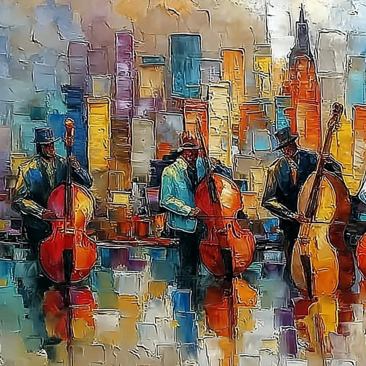 URBAN SERENADE: Textured Palette Knife Cityscape Jazz Painting | rectangular format, hand-painted canvas edge