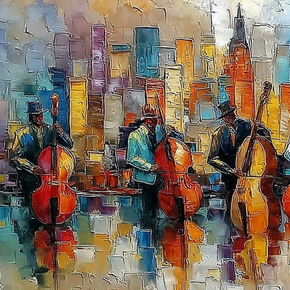 URBAN SERENADE: Textured Palette Knife Cityscape Jazz Painting | rectangular format, hand-painted canvas edge
