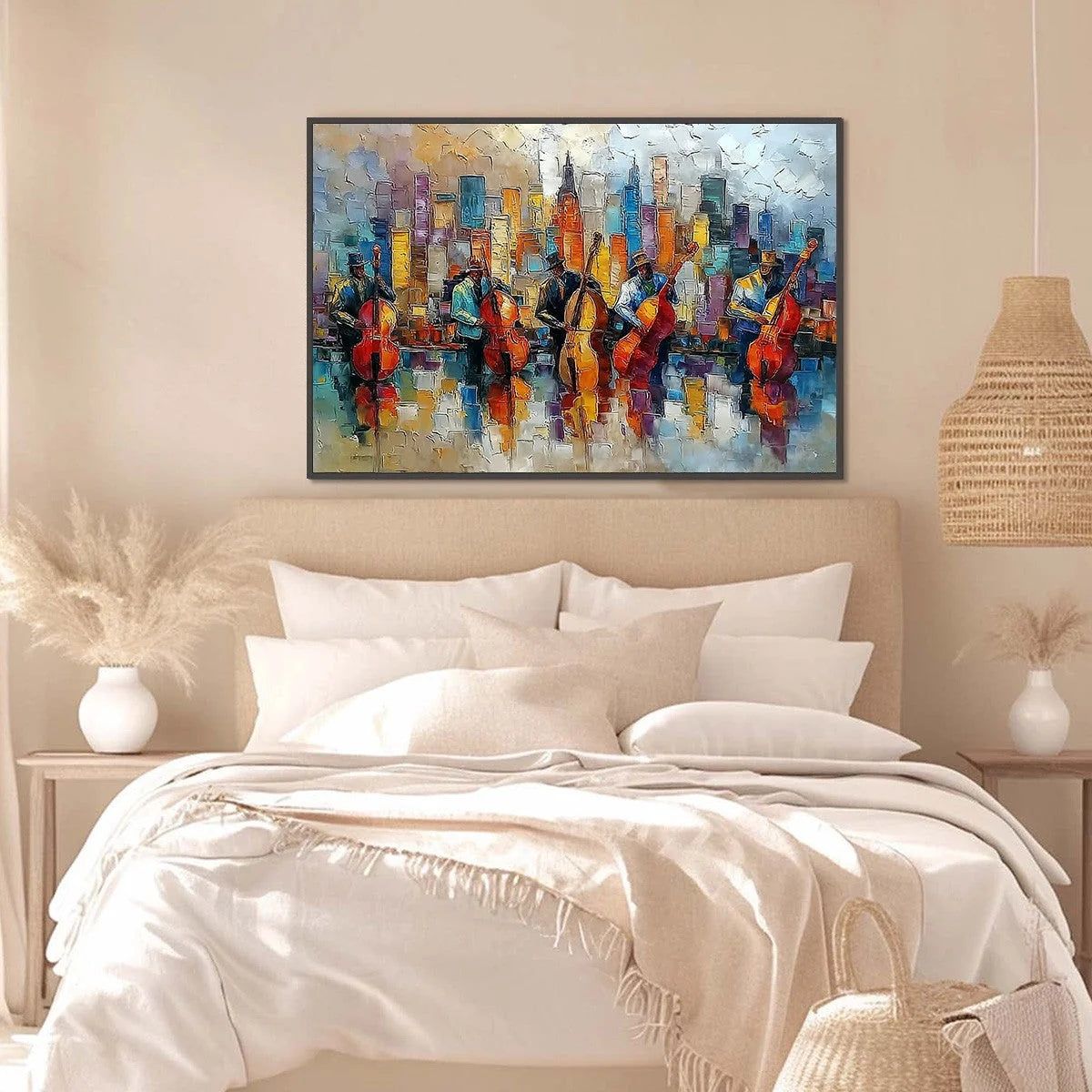 URBAN SERENADE: Textured Palette Knife Cityscape Jazz Painting | gold frame stretched on neutral wall