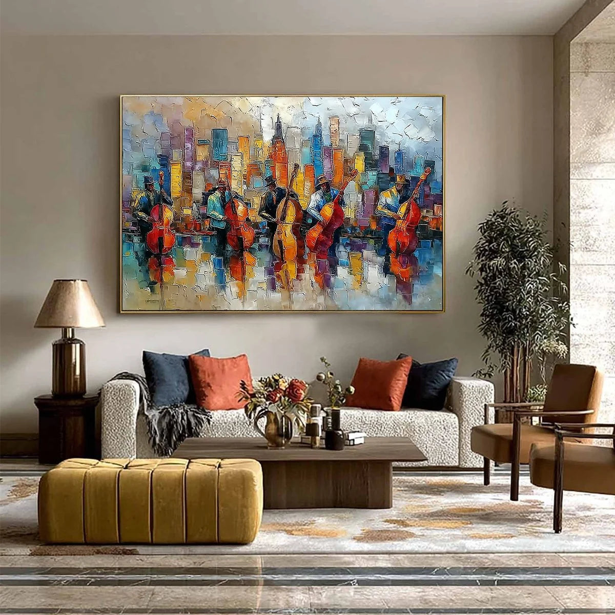 URBAN SERENADE: Textured Palette Knife Cityscape Jazz Painting | black frame version on white wall