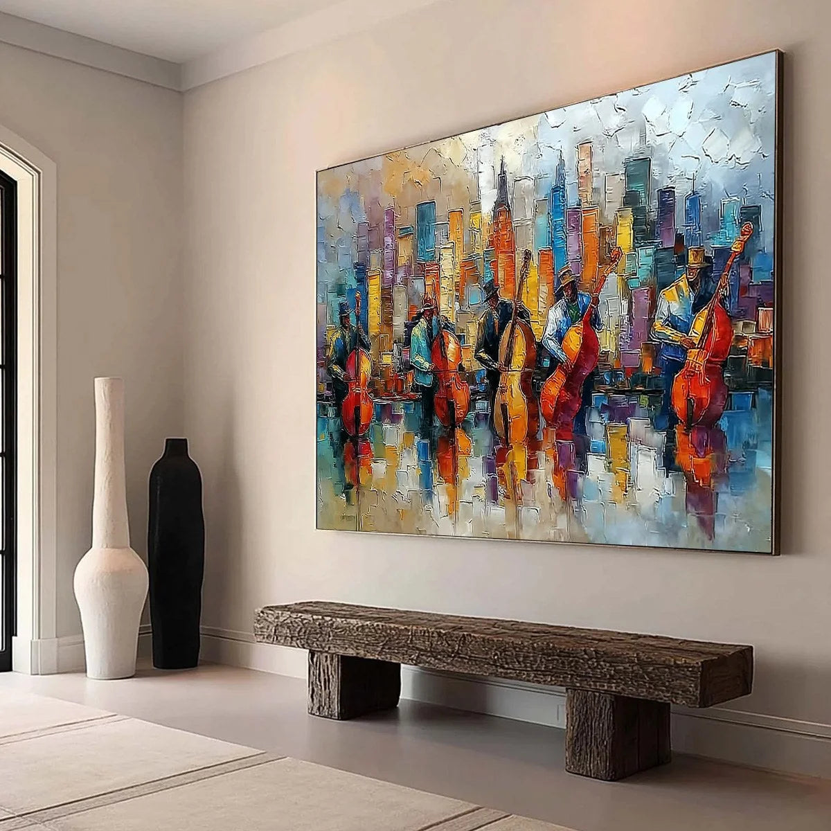 URBAN SERENADE: Textured Palette Knife Cityscape Jazz Painting | Abstract mood, soft natural light studio shot