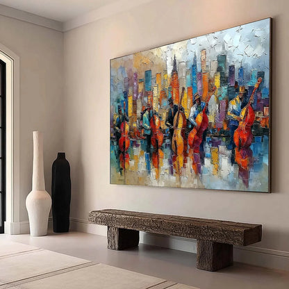 URBAN SERENADE: Textured Palette Knife Cityscape Jazz Painting | Abstract mood, soft natural light studio shot