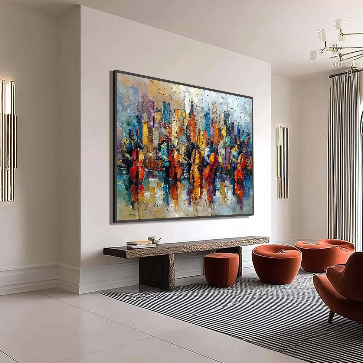 URBAN SERENADE: Textured Palette Knife Cityscape Jazz Painting | multi-color palette, original oil on stretched canvas art