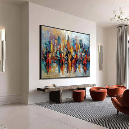 URBAN SERENADE: Textured Palette Knife Cityscape Jazz Painting | multi-color palette, original oil on stretched canvas art