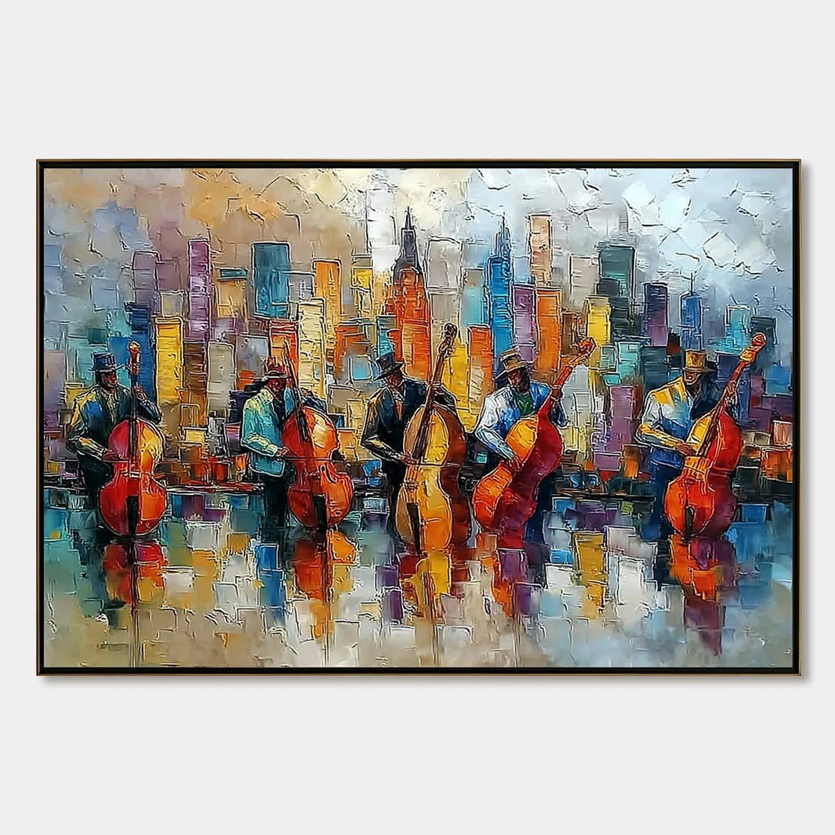 URBAN SERENADE: Textured Palette Knife Cityscape Jazz Painting | hanging in living room, Abstract wall art