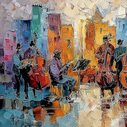 URBAN SERENADE: Textured Palette Knife Painting of City Musicians | rectangular format, hand-painted canvas edge