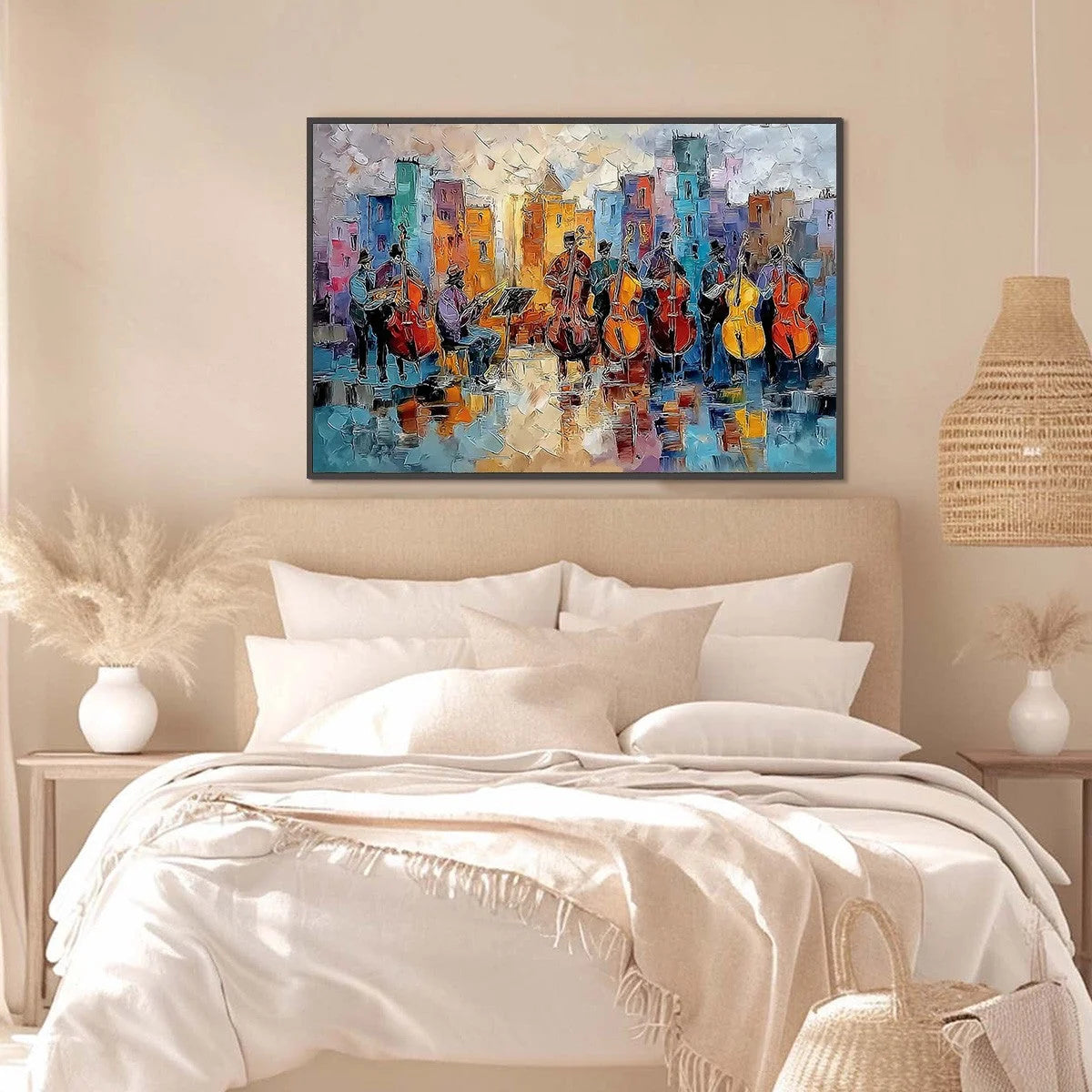 URBAN SERENADE: Textured Palette Knife Painting of City Musicians | gold frame stretched on neutral wall