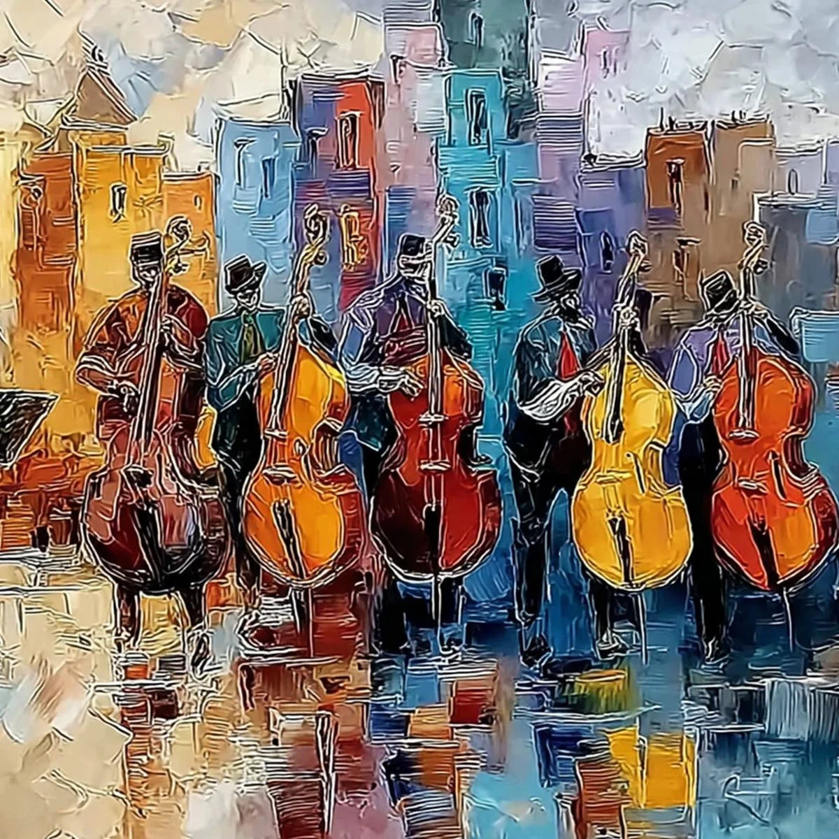 URBAN SERENADE: Textured Palette Knife Painting of City Musicians | rolled canvas, ready for custom framing