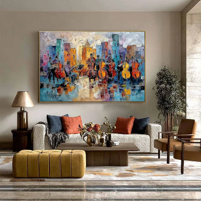 URBAN SERENADE: Textured Palette Knife Painting of City Musicians | black frame version on white wall