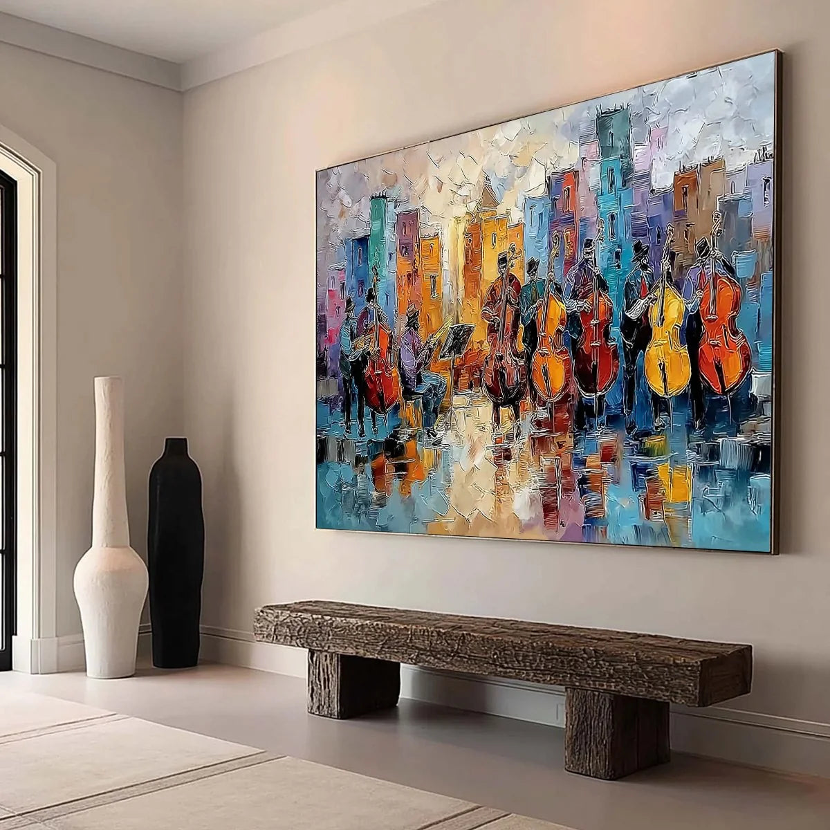 URBAN SERENADE: Textured Palette Knife Painting of City Musicians | Abstract mood, soft natural light studio shot
