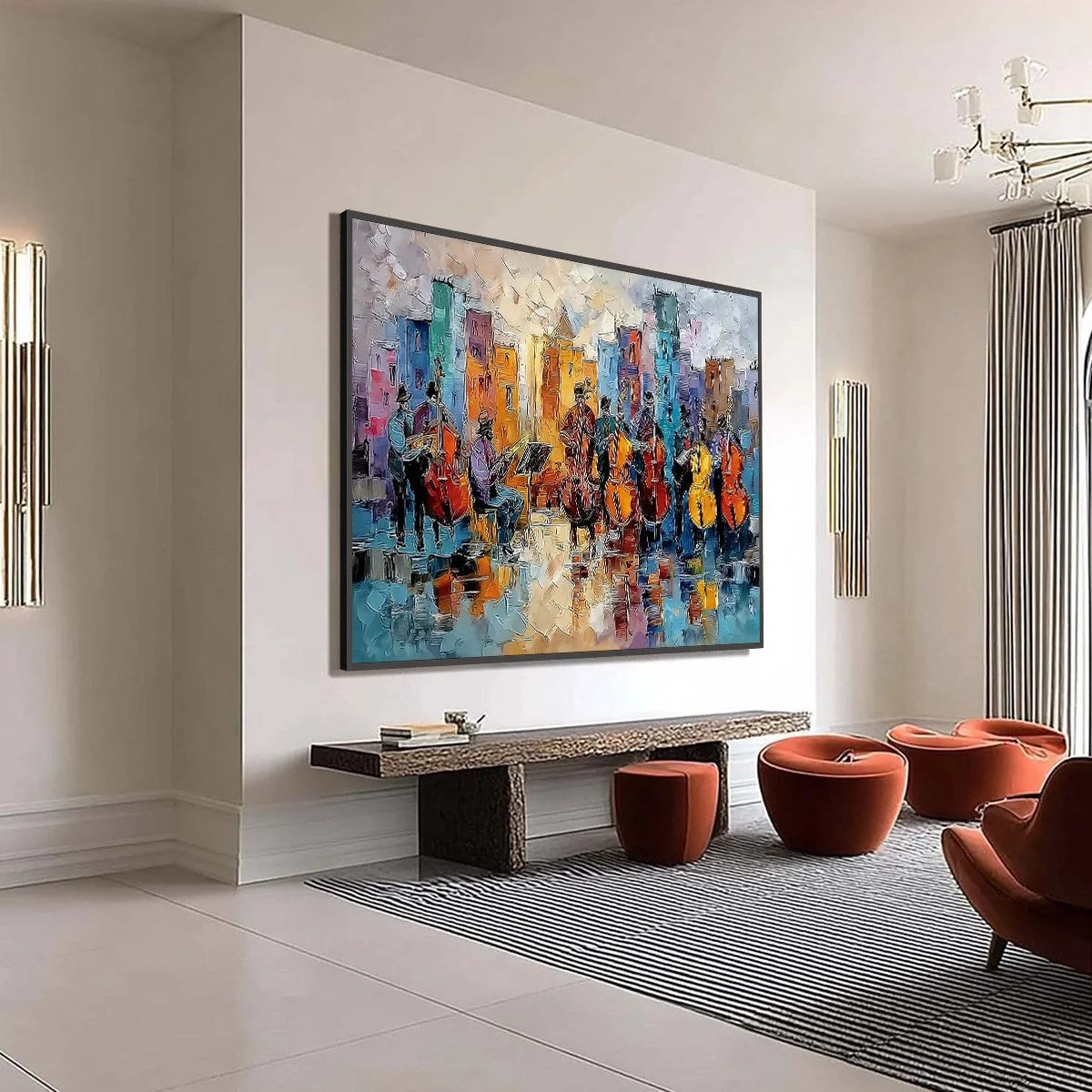 URBAN SERENADE: Textured Palette Knife Painting of City Musicians | multi-color palette, original oil on stretched canvas art