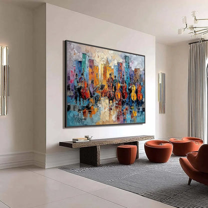 URBAN SERENADE: Textured Palette Knife Painting of City Musicians | multi-color palette, original oil on stretched canvas art