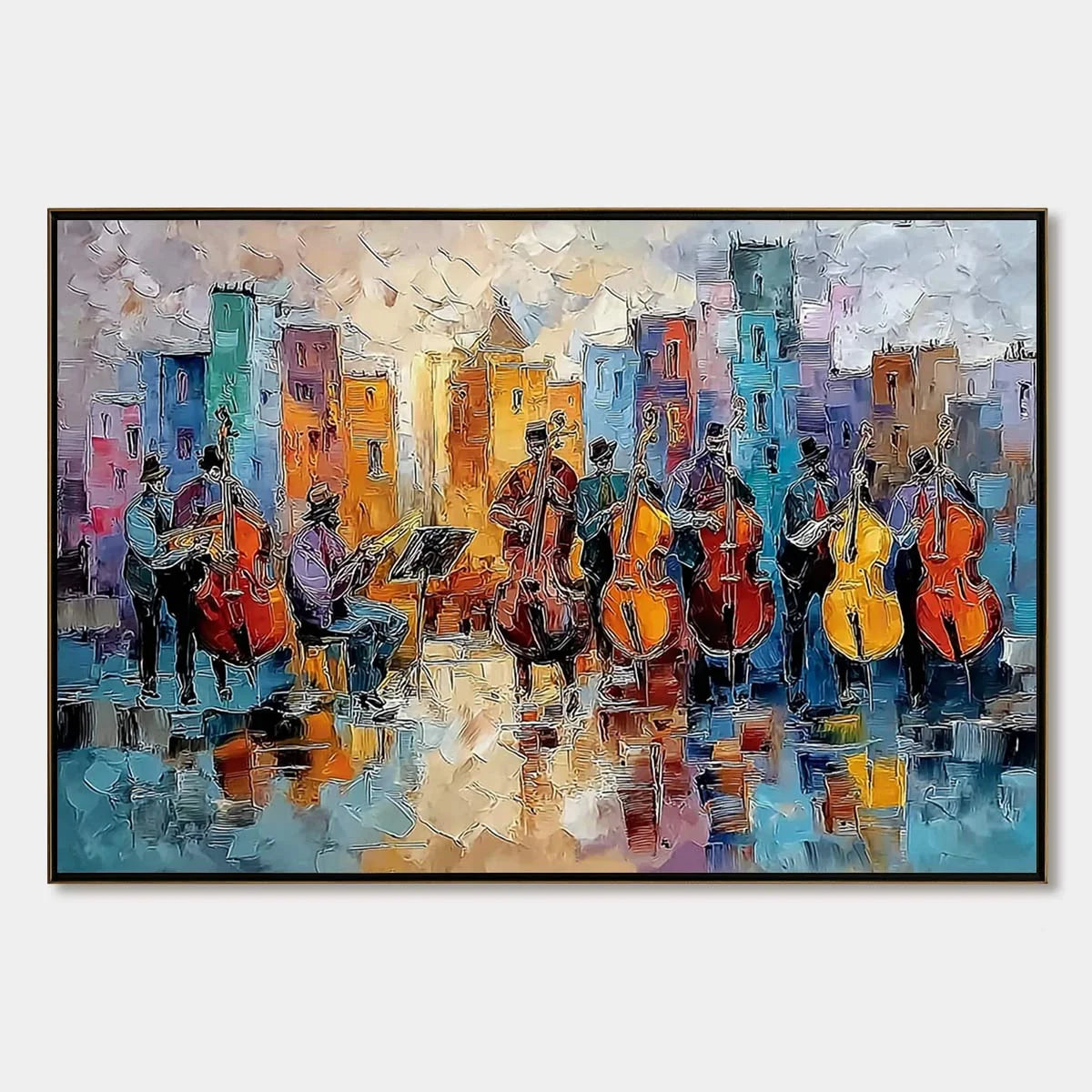 URBAN SERENADE: Textured Palette Knife Painting of City Musicians | hanging in living room, Abstract wall art