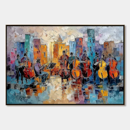 URBAN SERENADE: Textured Palette Knife Painting of City Musicians | hanging in living room, Abstract wall art