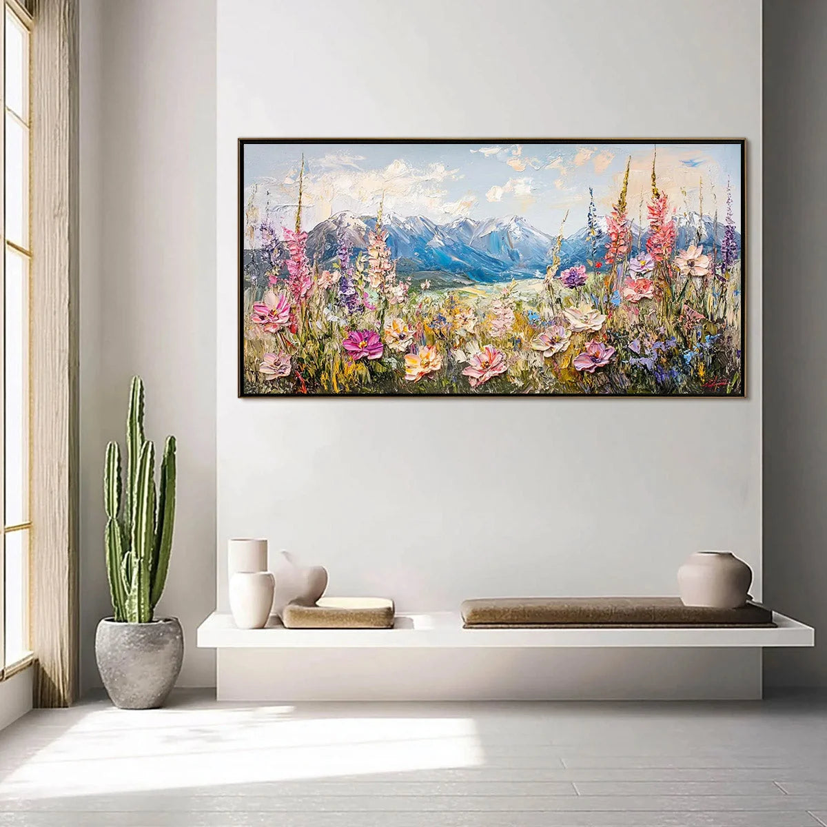 VALLEY BLOSSOM: Impasto Mountain Wildflower Painting | rectangular format, hand-painted canvas edge