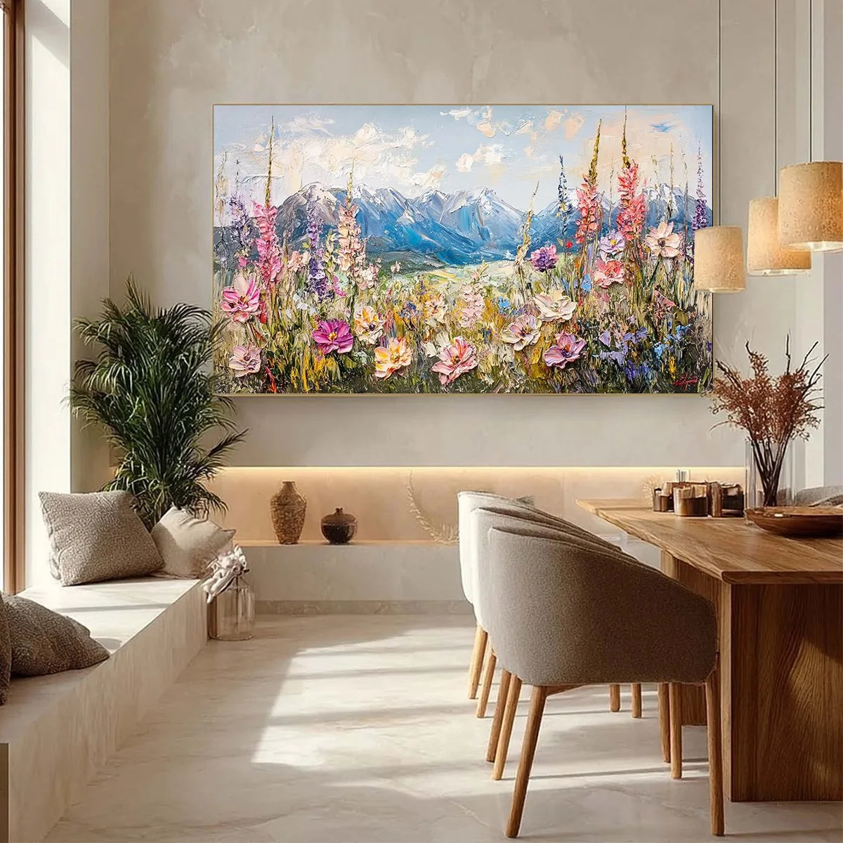 VALLEY BLOSSOM: Impasto Mountain Wildflower Painting | gold frame stretched on neutral wall