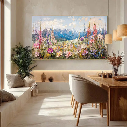 VALLEY BLOSSOM: Impasto Mountain Wildflower Painting | gold frame stretched on neutral wall