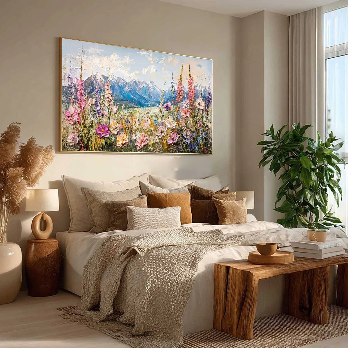 VALLEY BLOSSOM: Impasto Mountain Wildflower Painting | black frame version on white wall