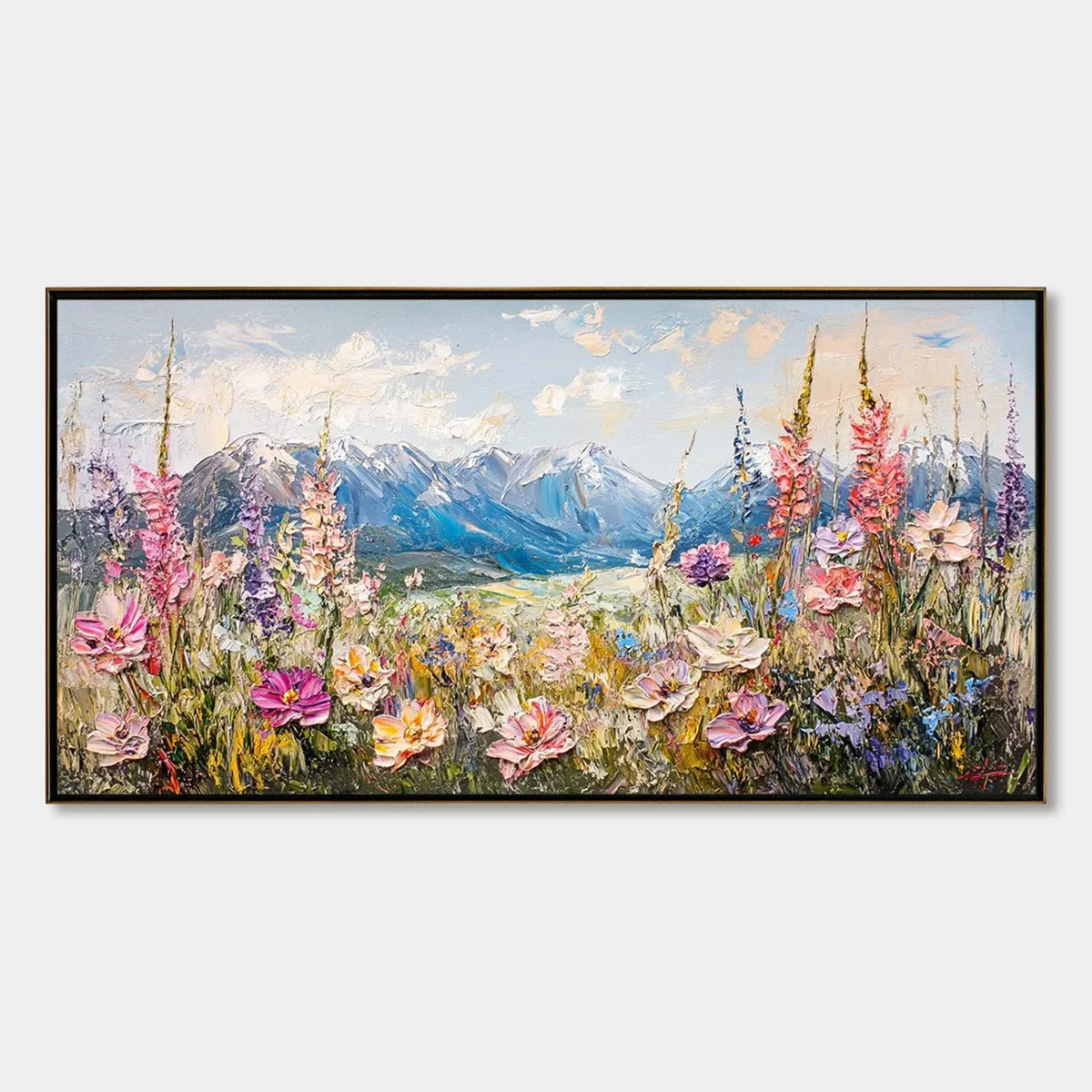 VALLEY BLOSSOM: Impasto Mountain Wildflower Painting | hanging in living room, Abstract wall art