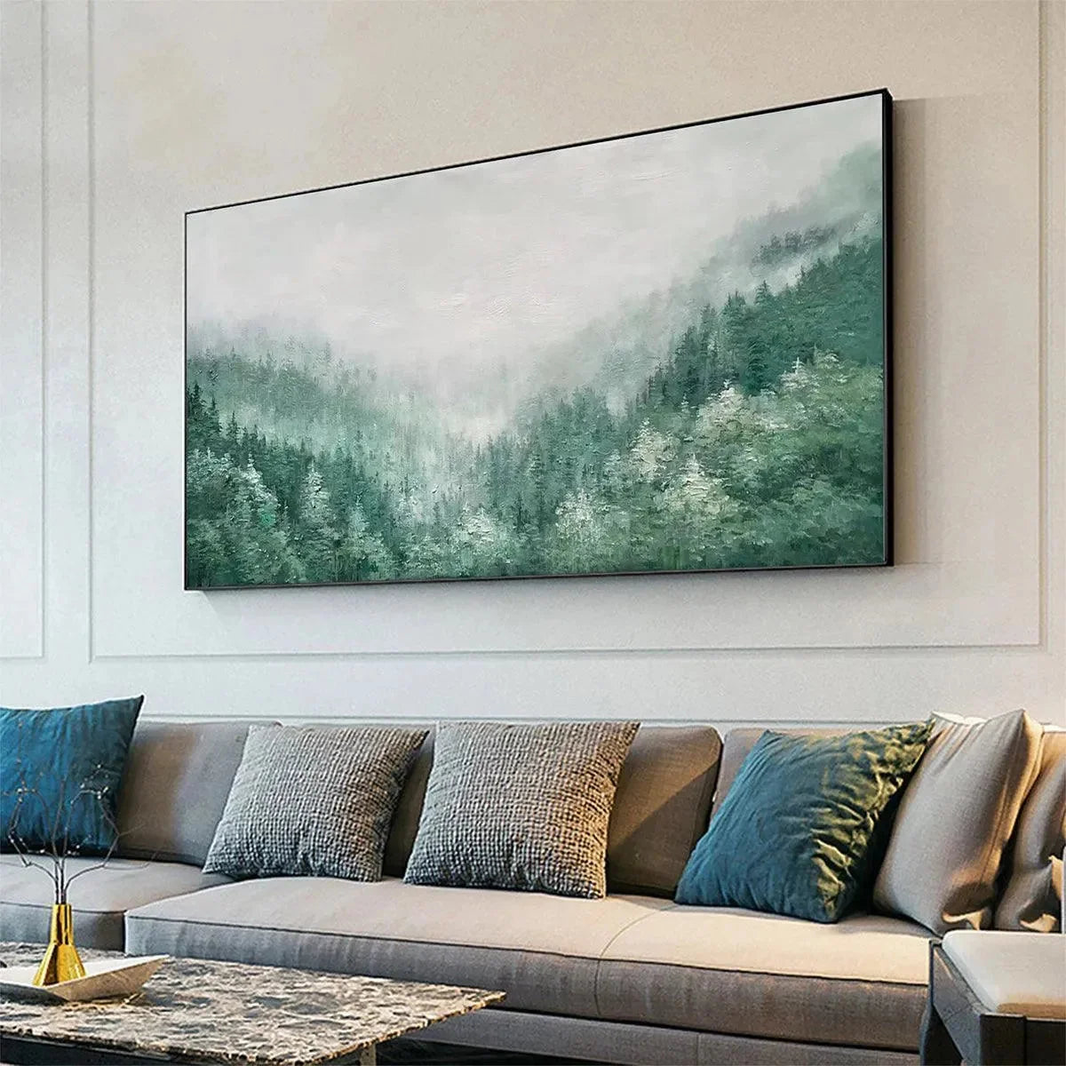 VALLEY OF THE EVERGREENS: Panoramic Evergreen Forest Landscape Oil Painting | gold frame stretched on neutral wall