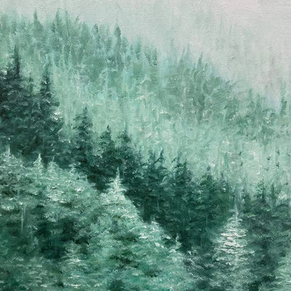 VALLEY OF THE EVERGREENS: Panoramic Evergreen Forest Landscape Oil Painting | rolled canvas, ready for custom framing